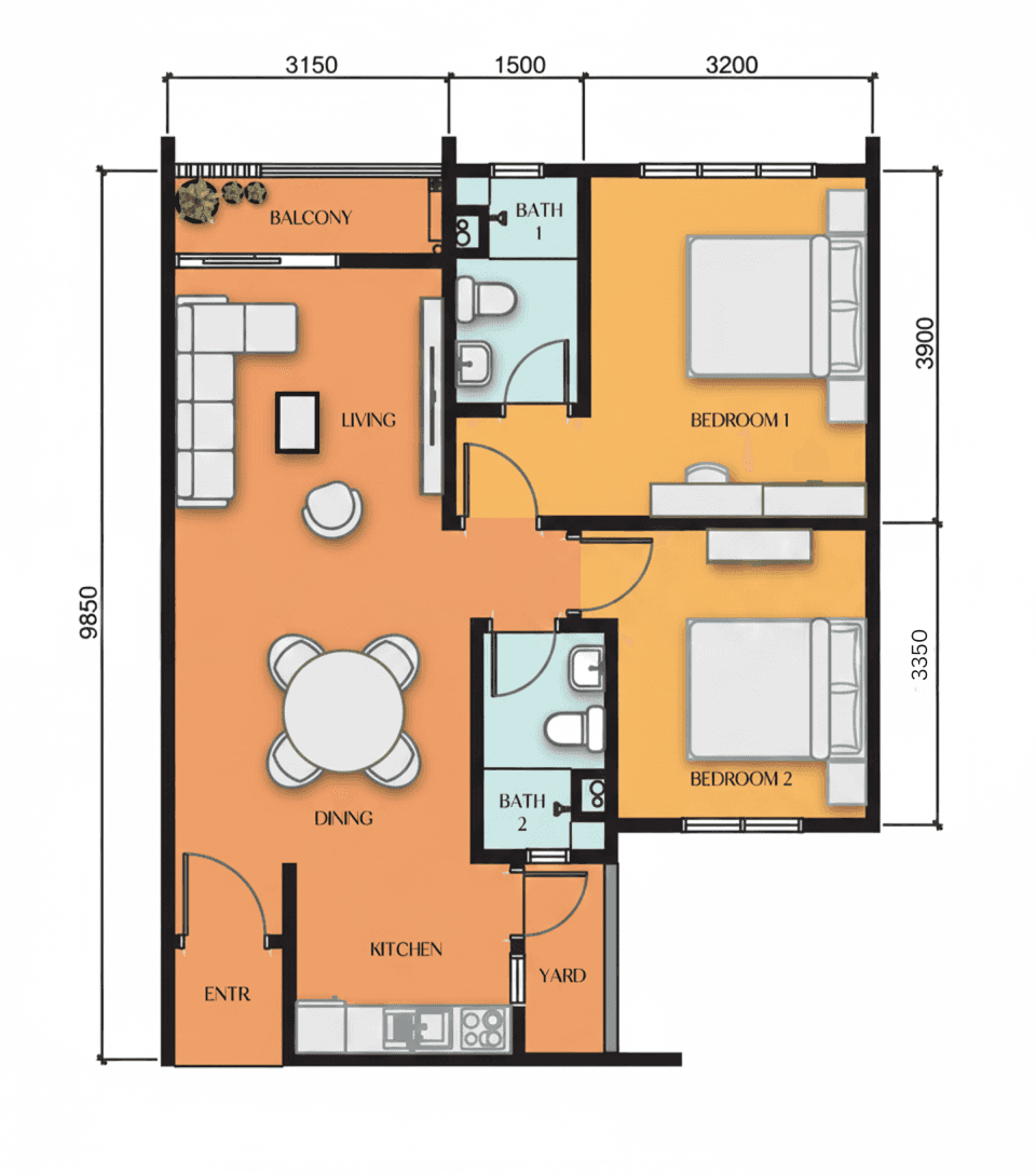 Paragon Maplewood Johor Bahru 2 bedroom floor plan Type A 751 sqft layout